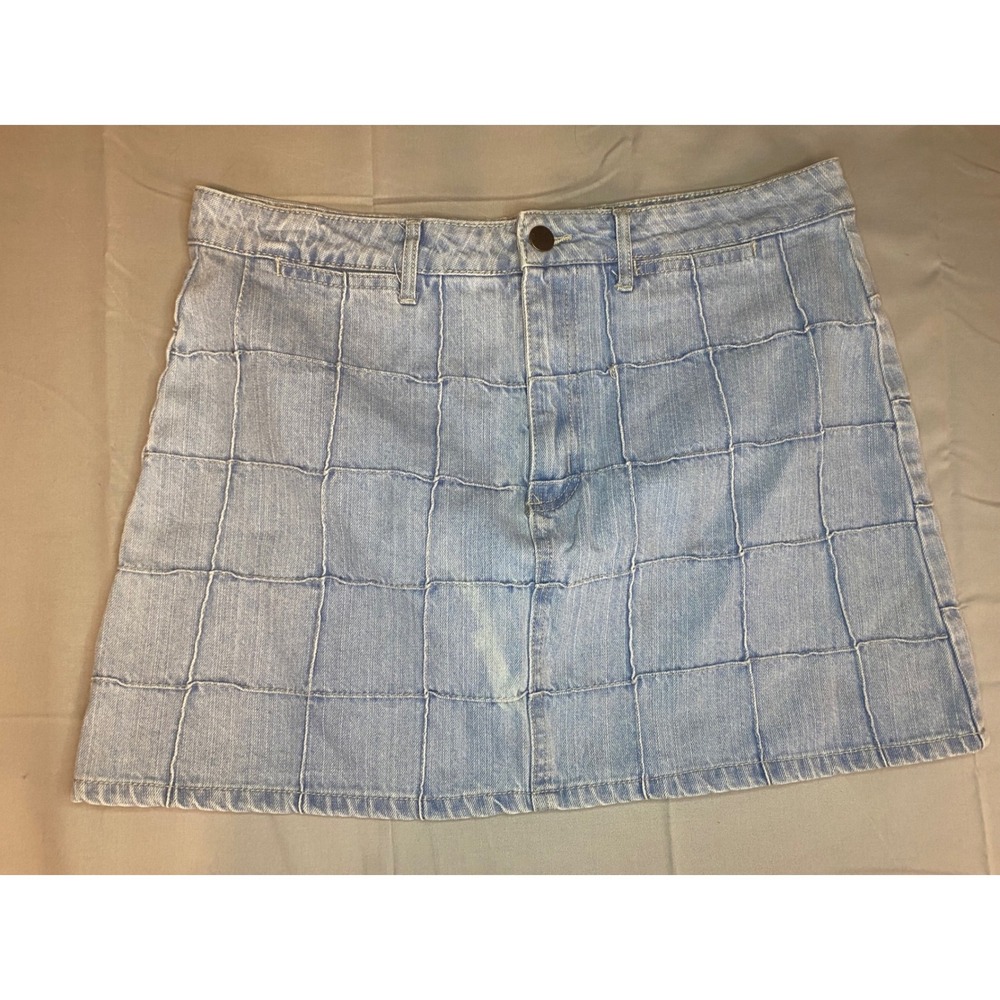 Forever 21‎ Y2K Denim Mini Skirt Women's 31 Light Blue Patchwork Grid Cotton
